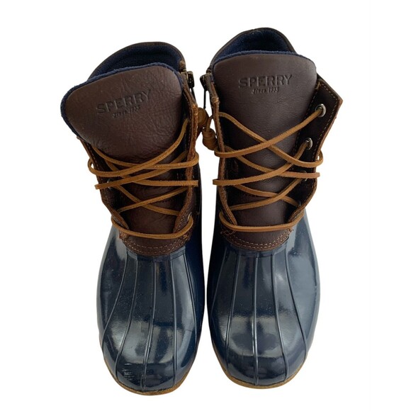 Sperry Saltwater Duck Boots Women Size 8.5 Blue & Brown Waterproof Rubber READ - Picture 2 of 16